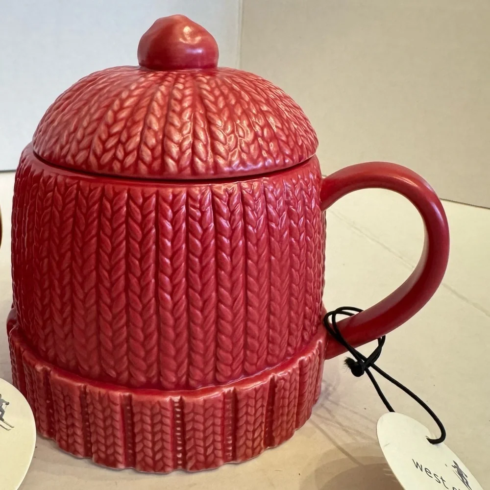 West Elm Red Stoneware Knit Ski Cap Hat Hot Chocolate Mug w/ Lid New w/ Tag Gift